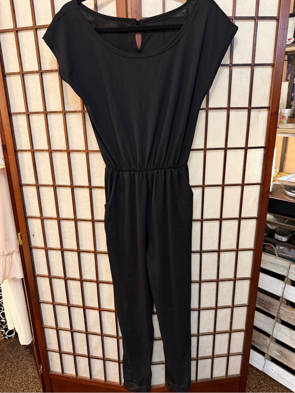 Black Cap-Sleeve Jumpsuit with Elastic Waist